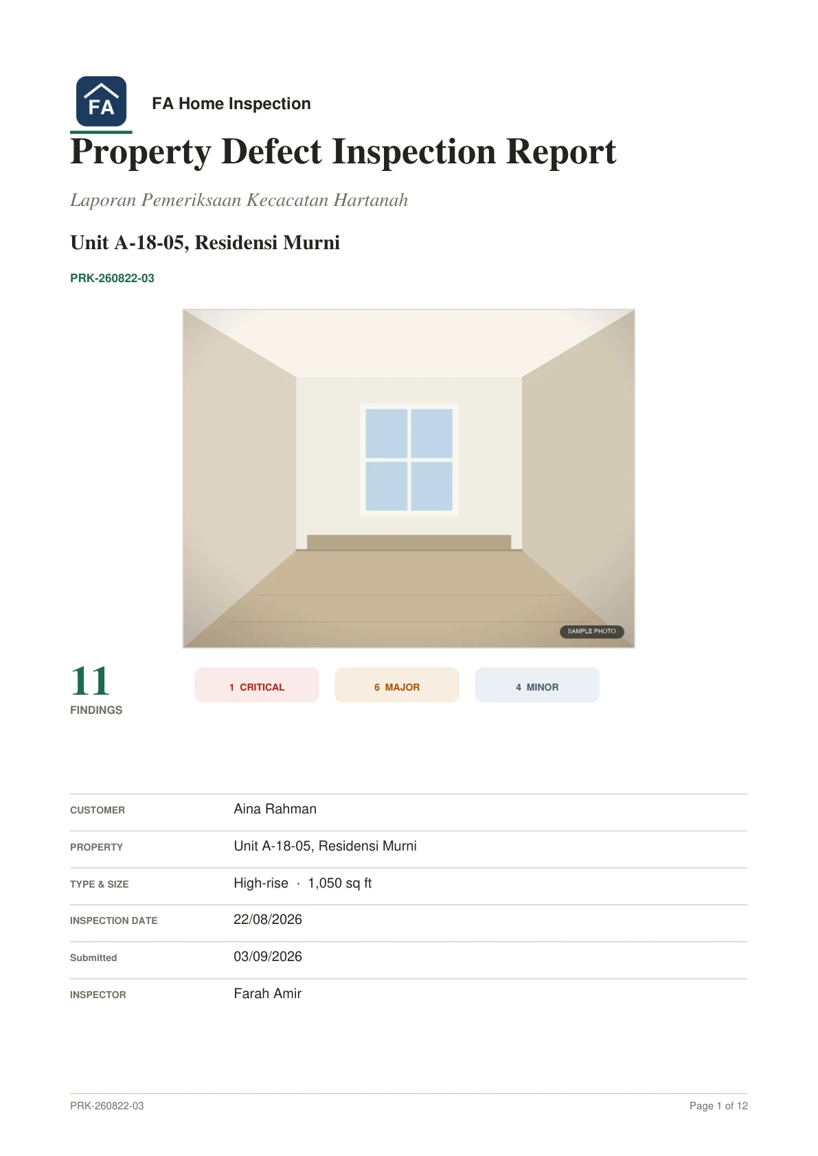Report cover page: FA Home Inspection logo, Property Defect Inspection Report, a photograph of the unit, and the findings summary