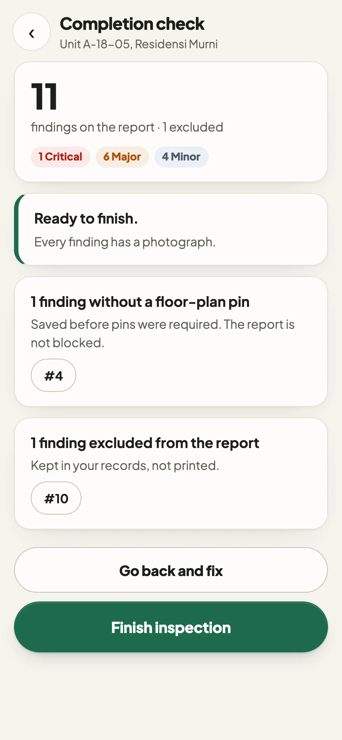 The completion check: 11 findings on the report, one finding without a floor-plan pin