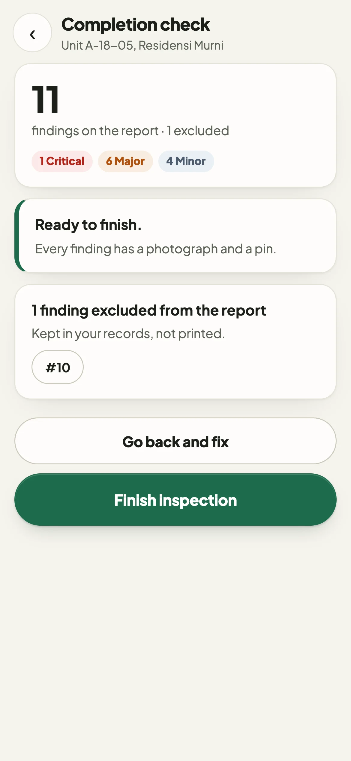 Completion check showing Ready to finish: every finding has a photograph and a pin