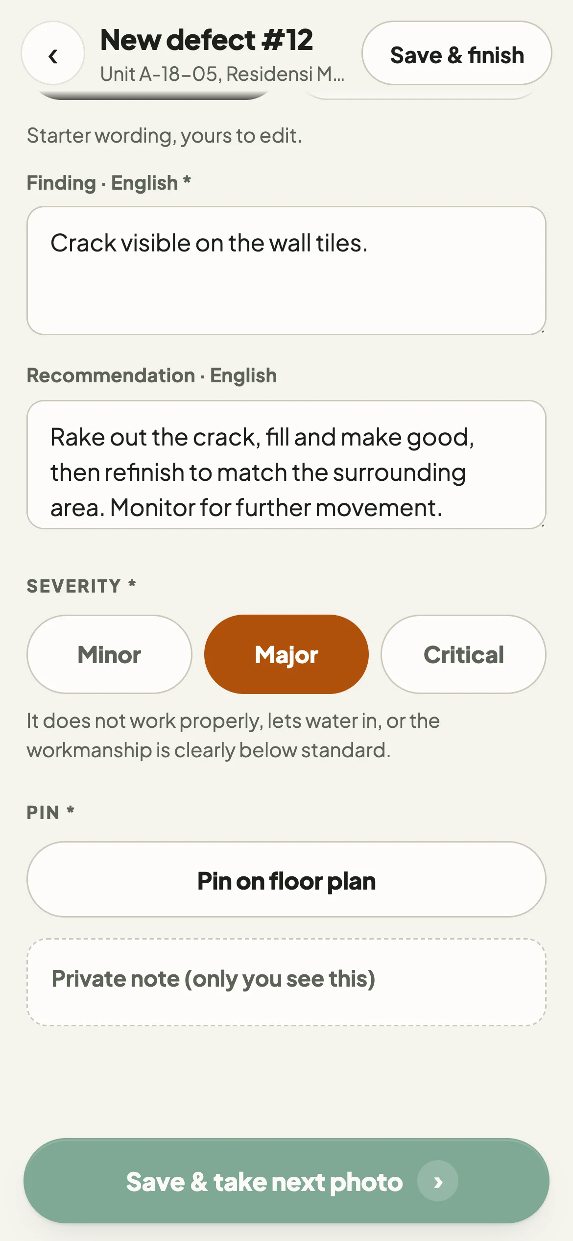 The Finding and recommendation section with English and Bahasa Malaysia tabs and starter wording filled in