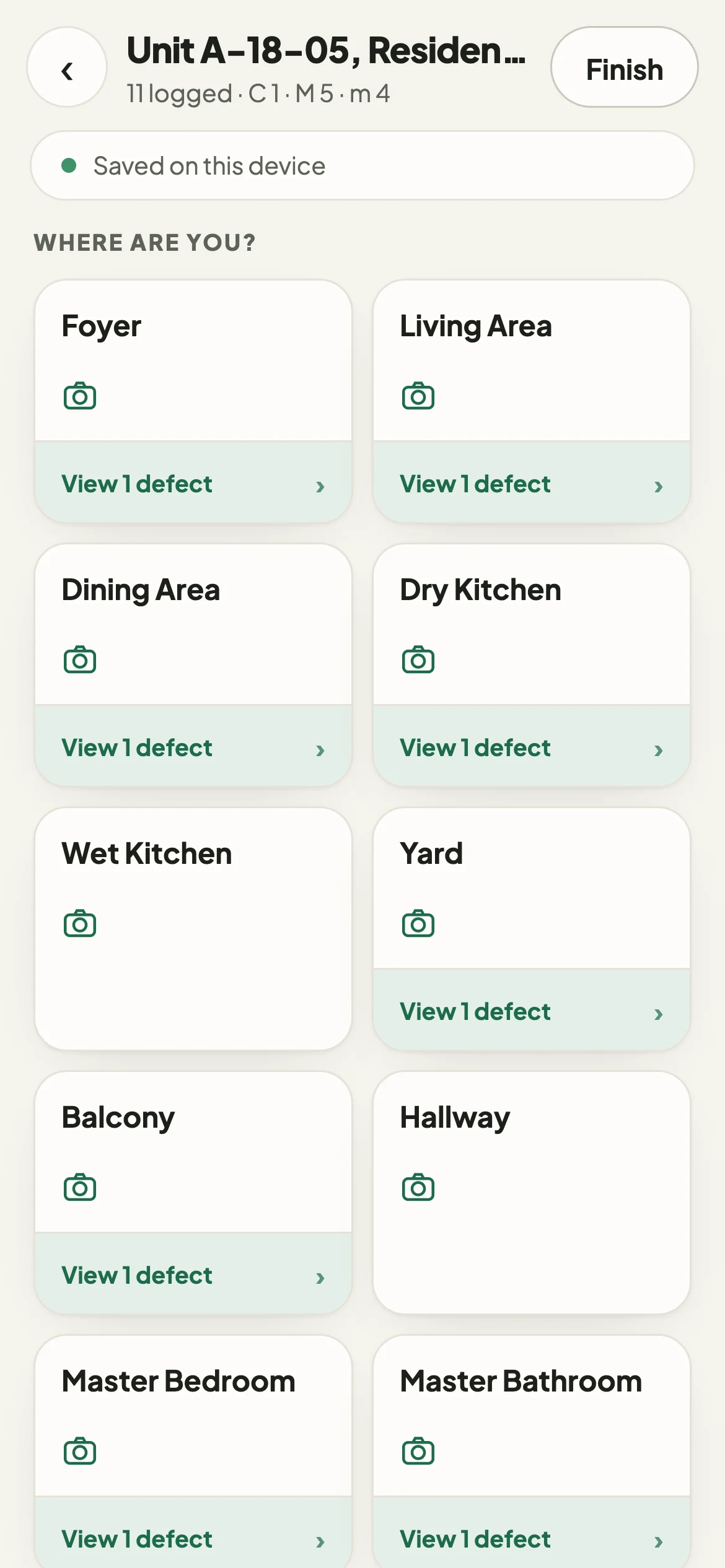 Periksa location grid: the rooms of a unit, each with a camera button
