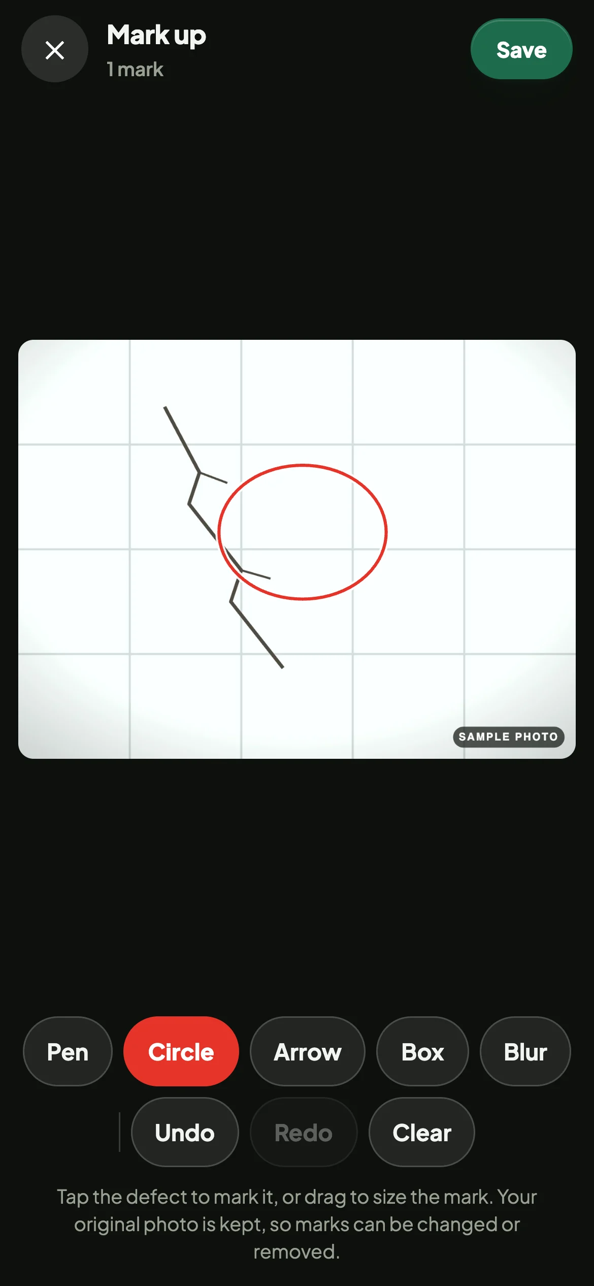 A red circle drawn around the cracked area