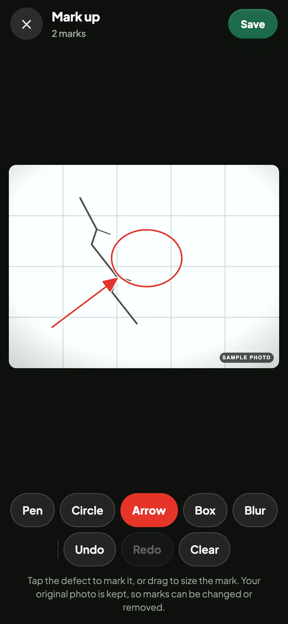 Periksa photo mark-up: a cracked wall tile circled, with an arrow, and the Pen, Circle, Arrow, Box and Blur tools below