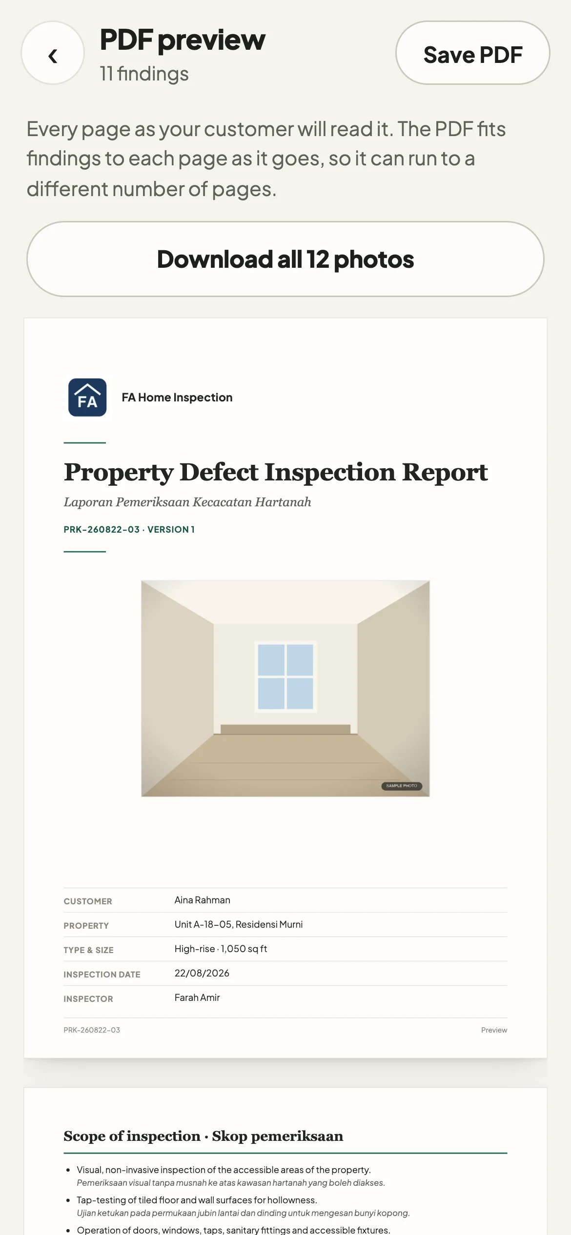 Periksa PDF preview: the cover page of a finished report on the phone