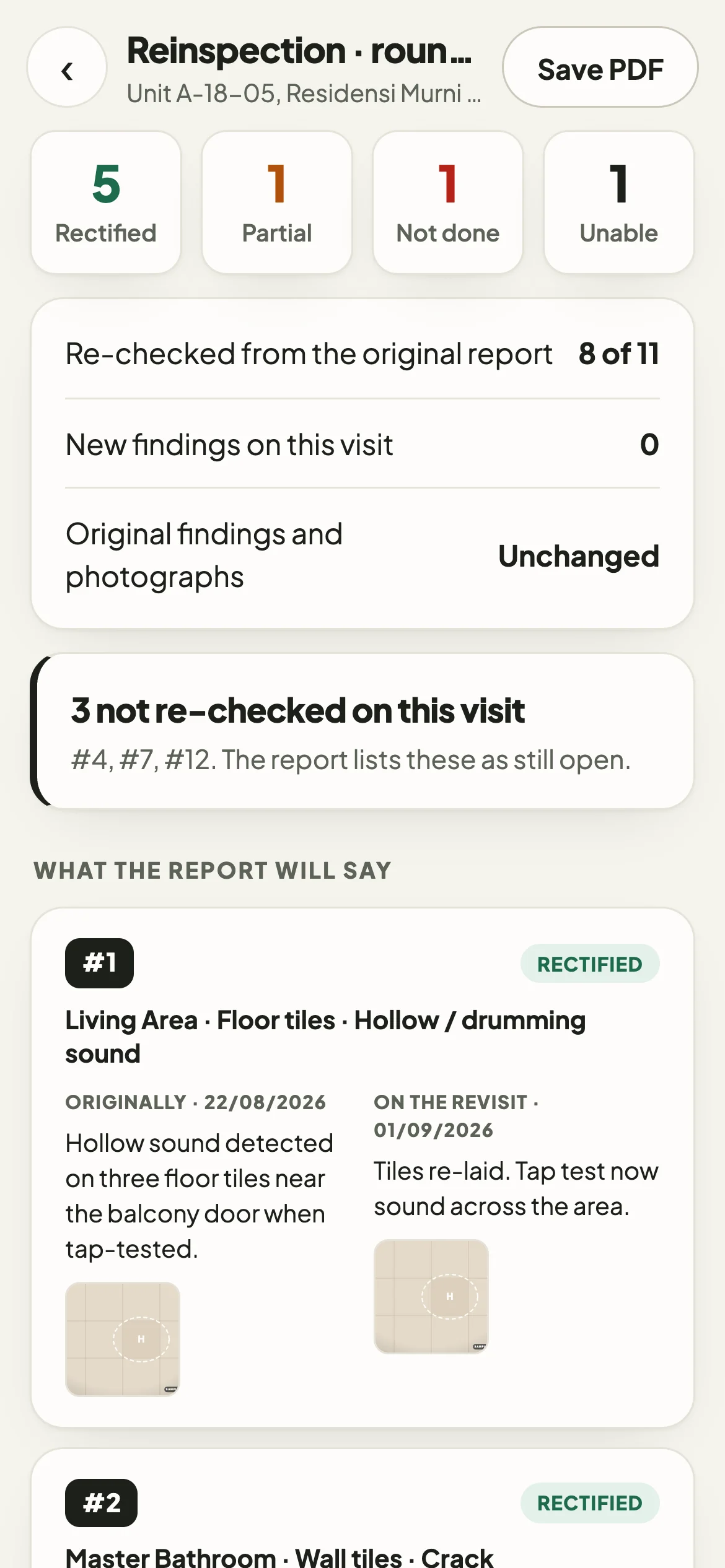 A reinspection round summary: 5 rectified, 1 partial, 1 not done, 1 unable to check, and what the report will say for each finding