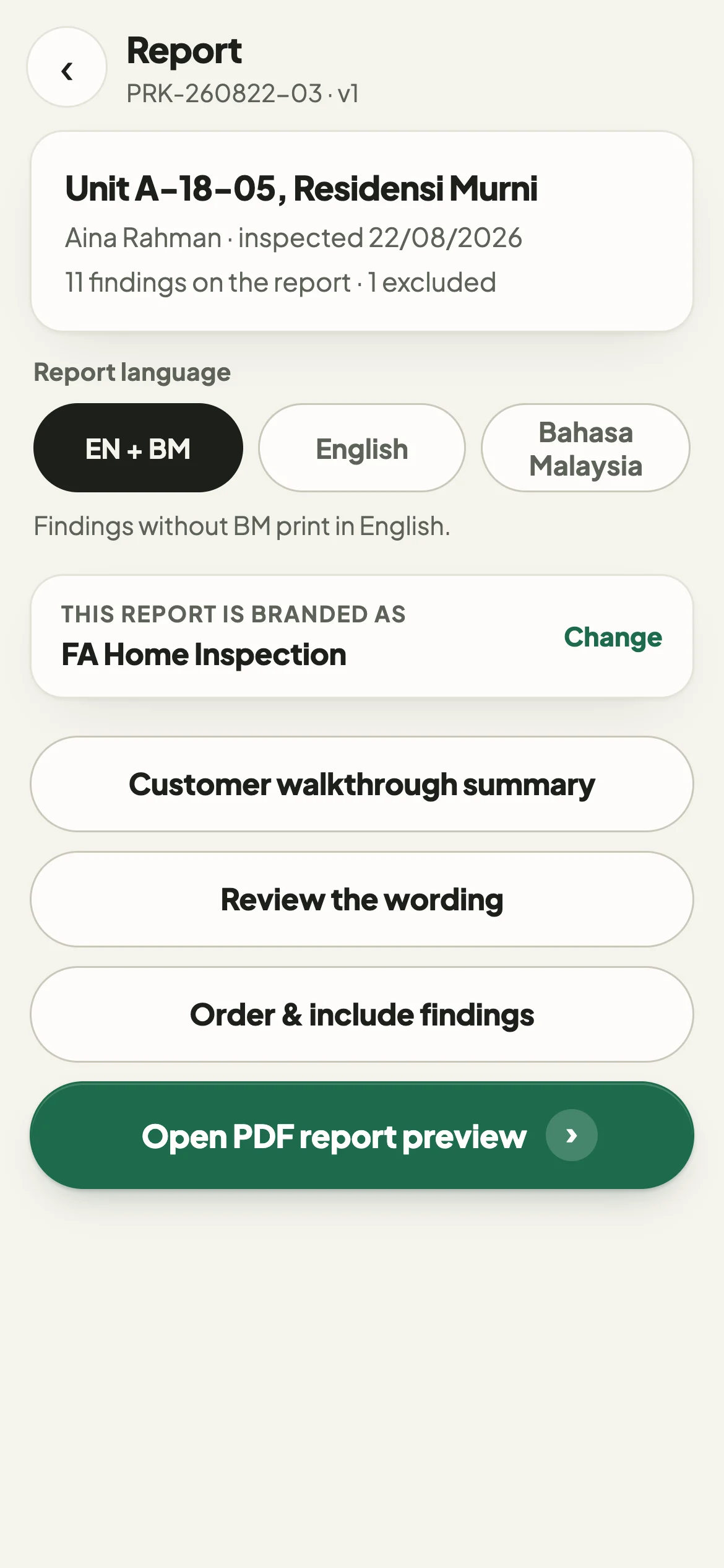 The report language choice: EN + BM, English, Bahasa Malaysia