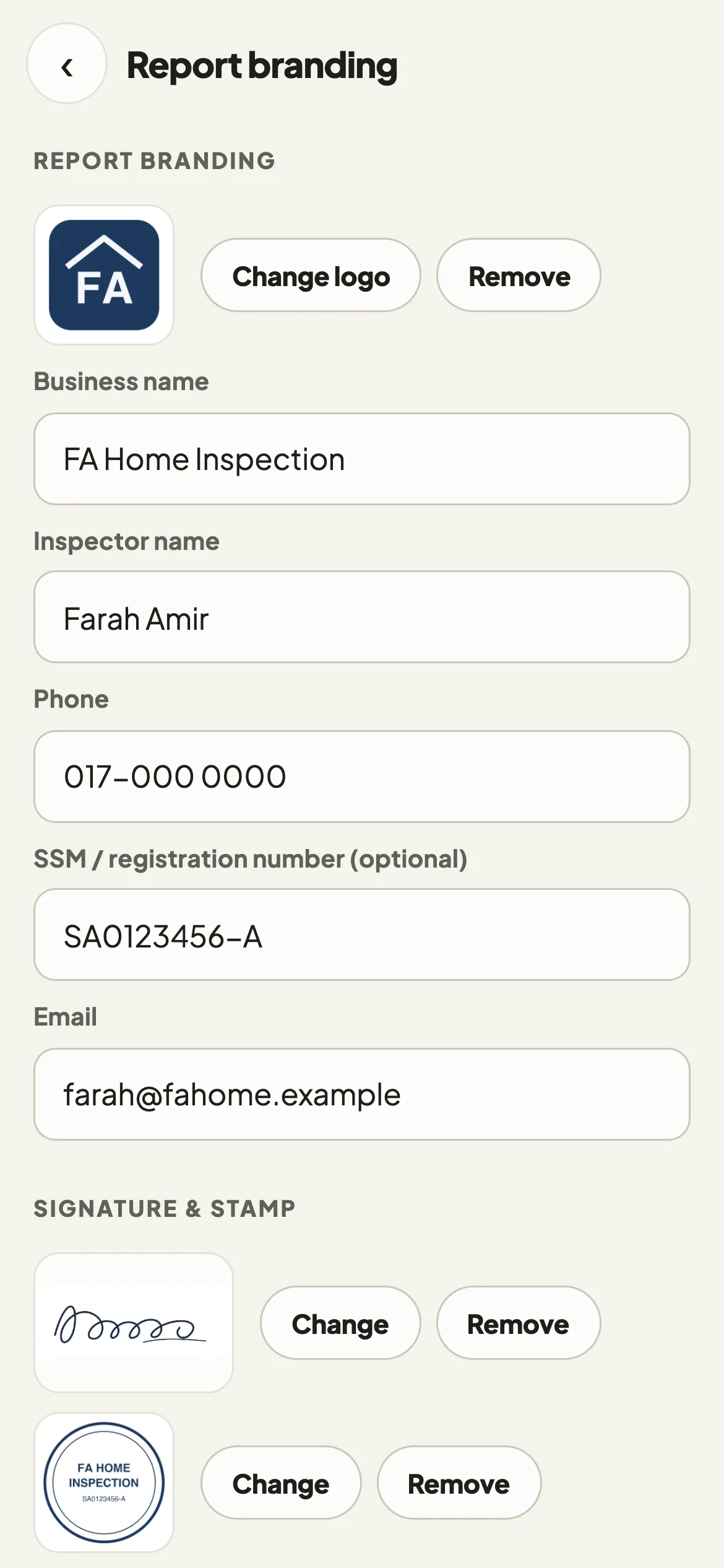 Report branding settings with the FA Home Inspection logo and business details